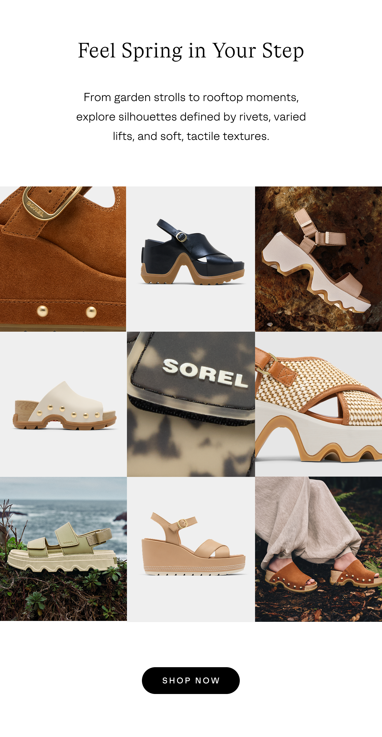Grid of images showing SOREL sandals