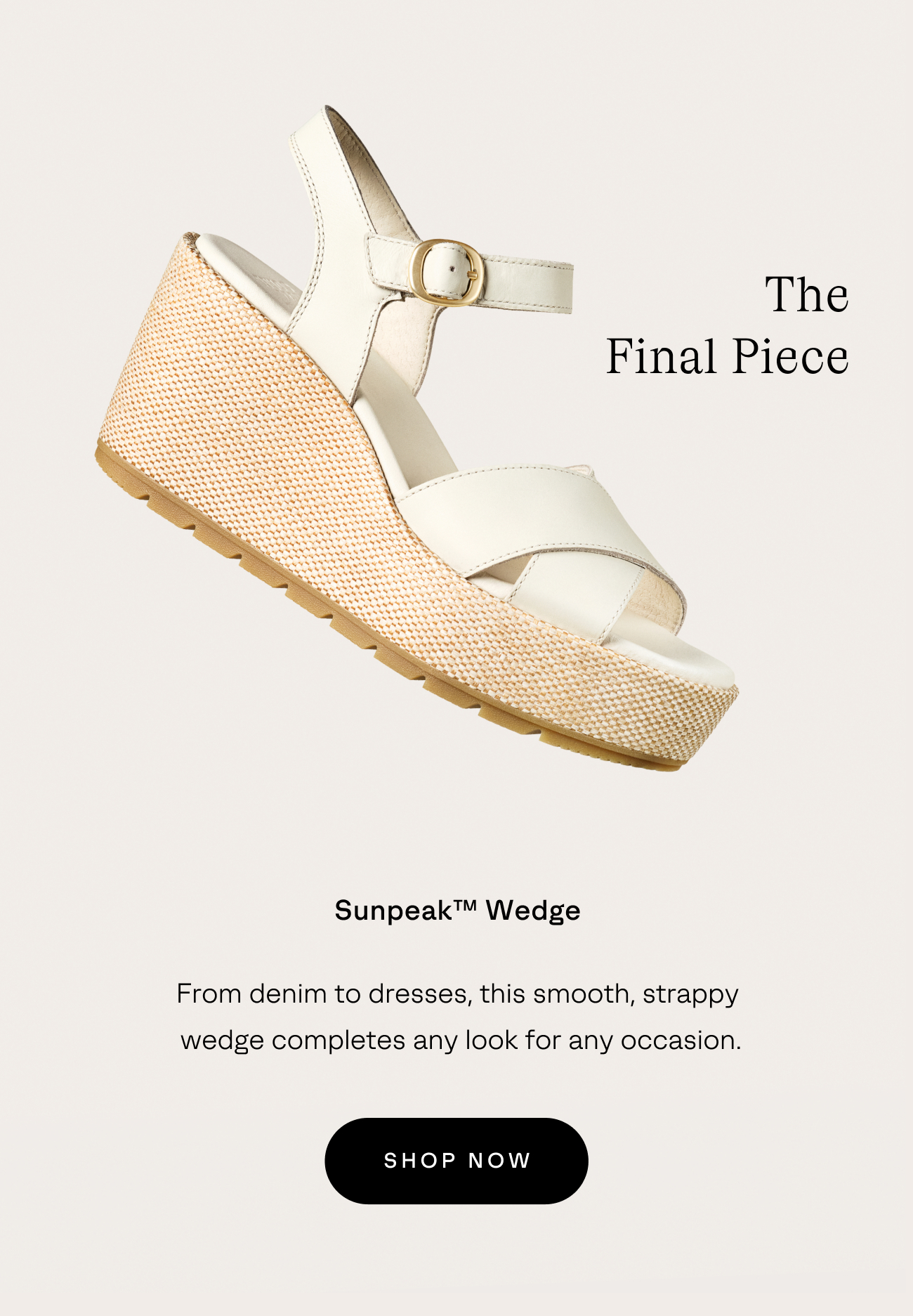New Arrival Sunpeak Wedge with raffia side walls and smooth leather straps on a beige background