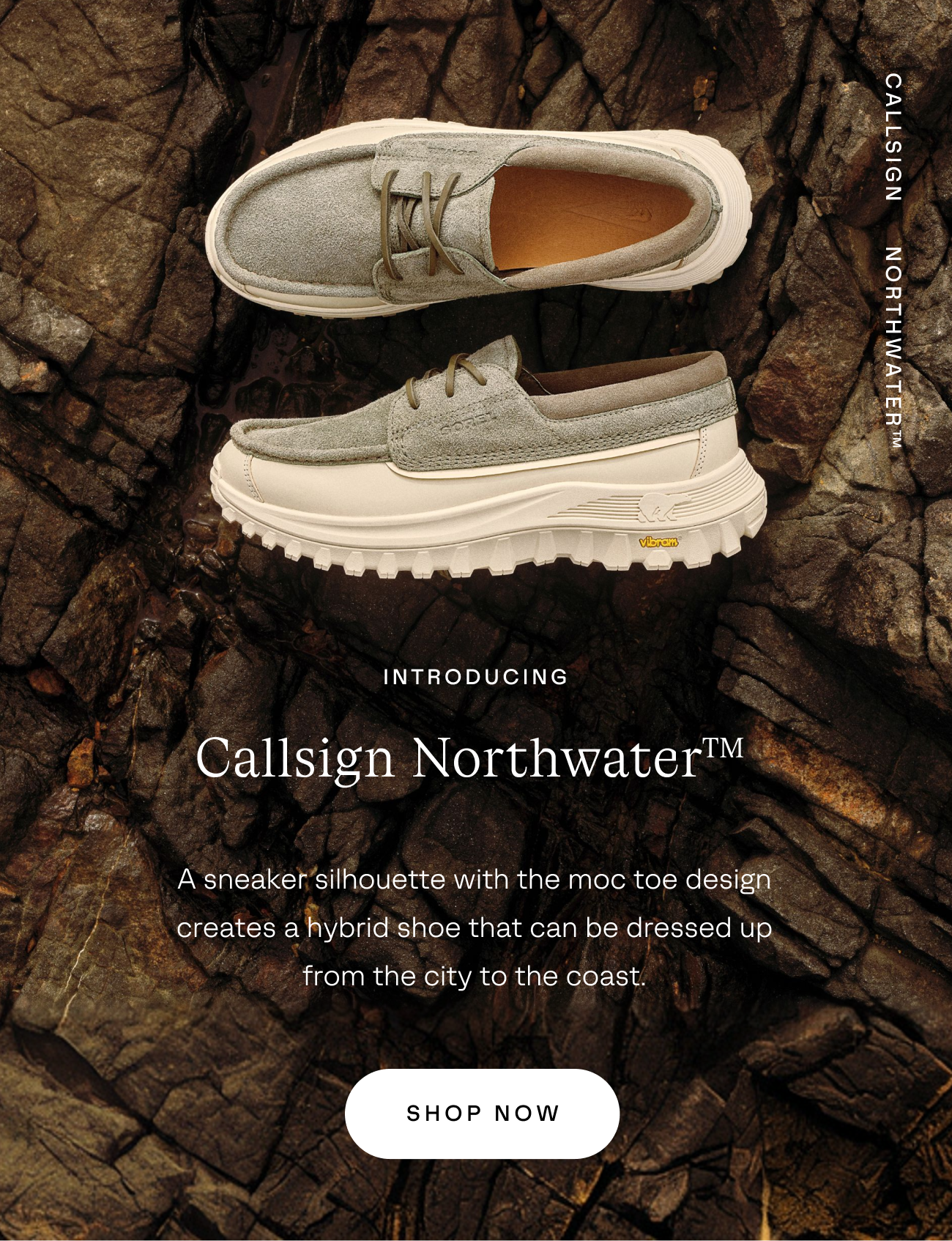 Light colored Callsign Northwater sneakers on darky rocky background 