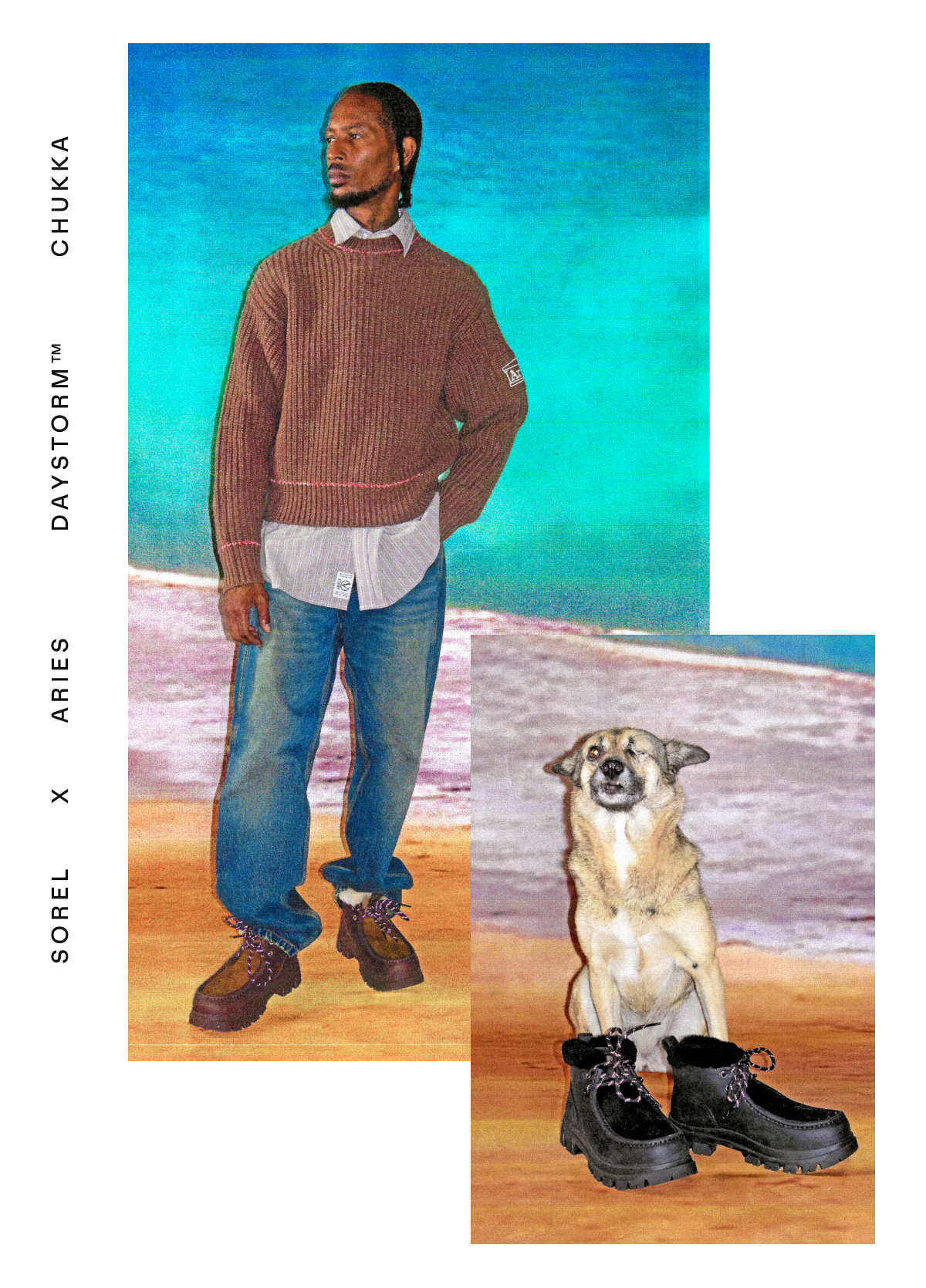 Man and dog wearing SOREL X ARIES Daystorm™ Chukka