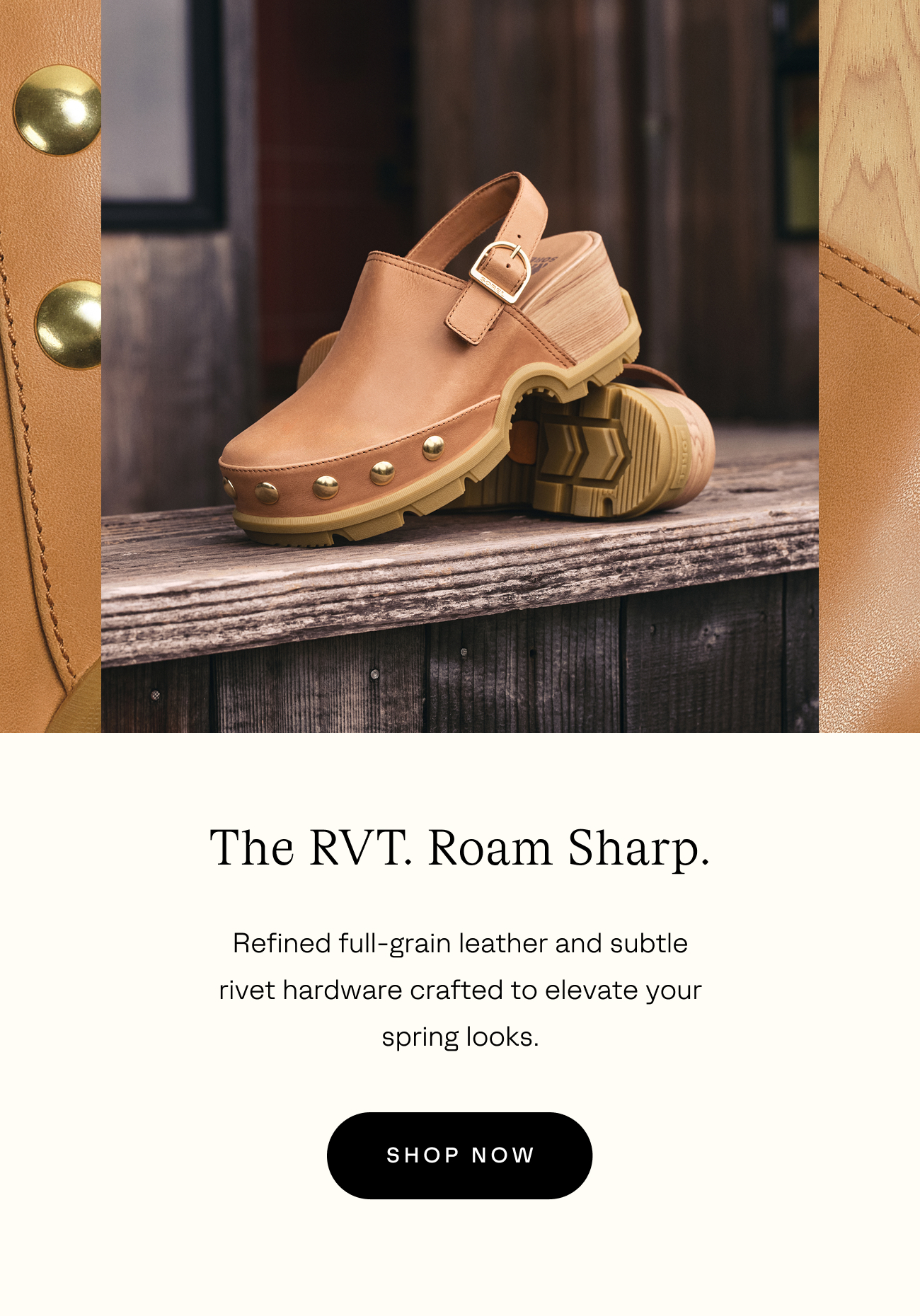 light brown leather clogs on a beige background