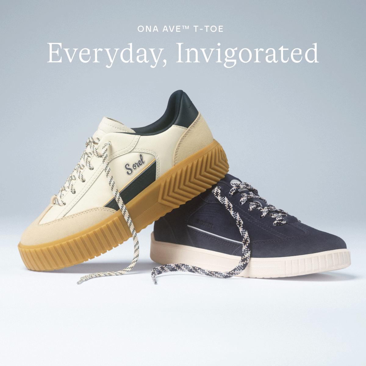 Everyday, Invigorated. Ona Ave™ T-Toe Women's Sneaker in Snow & Collegiate Navy. Ona™ Drift Women's Sneaker in Collegiate Navy & Snow.