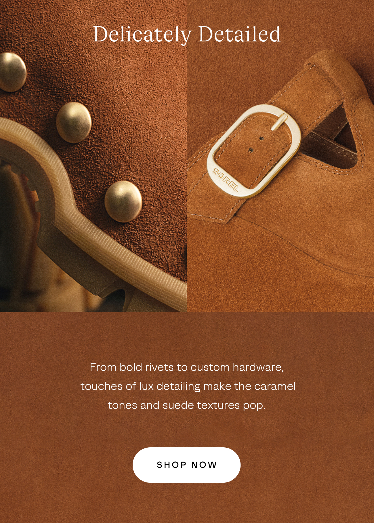 close up of sandals in iced tea color with suede texture, rivets, and buckles shown