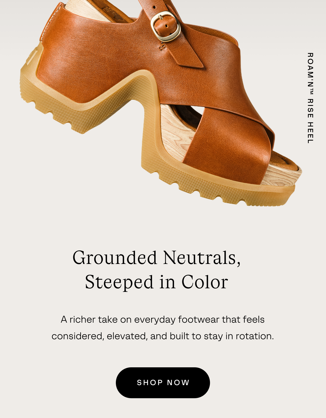 Sandal in iced tea color floating above a beige background