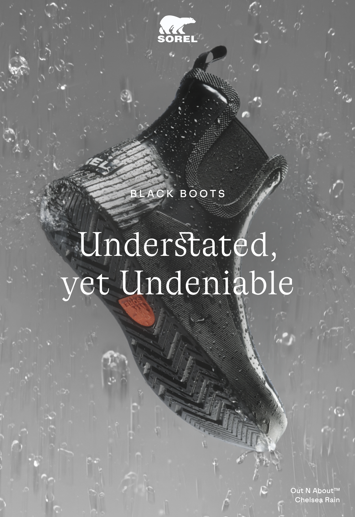 SOREL logo BLACK BOOTS Understated, yet Undeniable. Out N About™ IV Chelsea Rain Women's Waterproof Boot