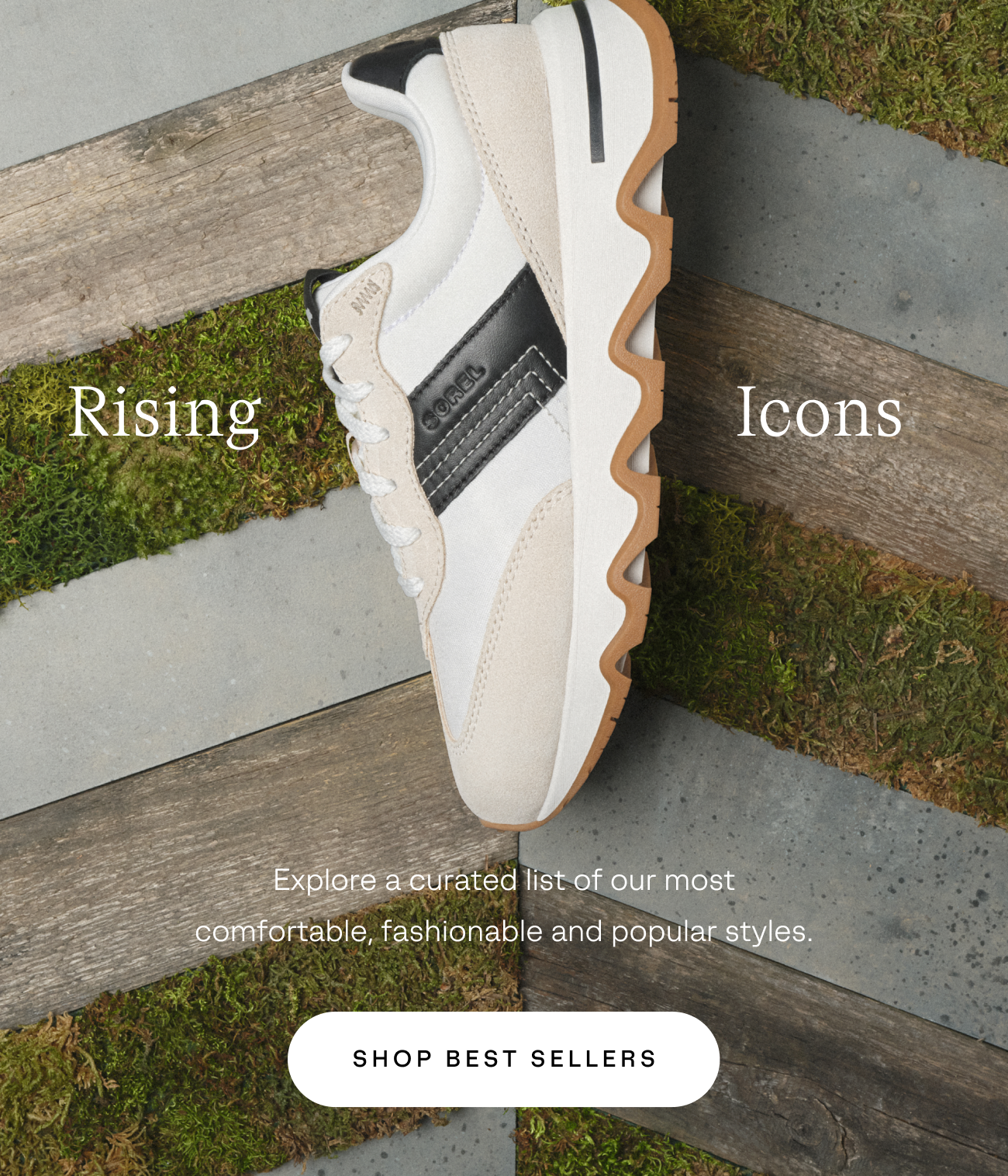 Best Sellers image featuring women sitting down on weathered steps in Kinetic Ember Sneaker