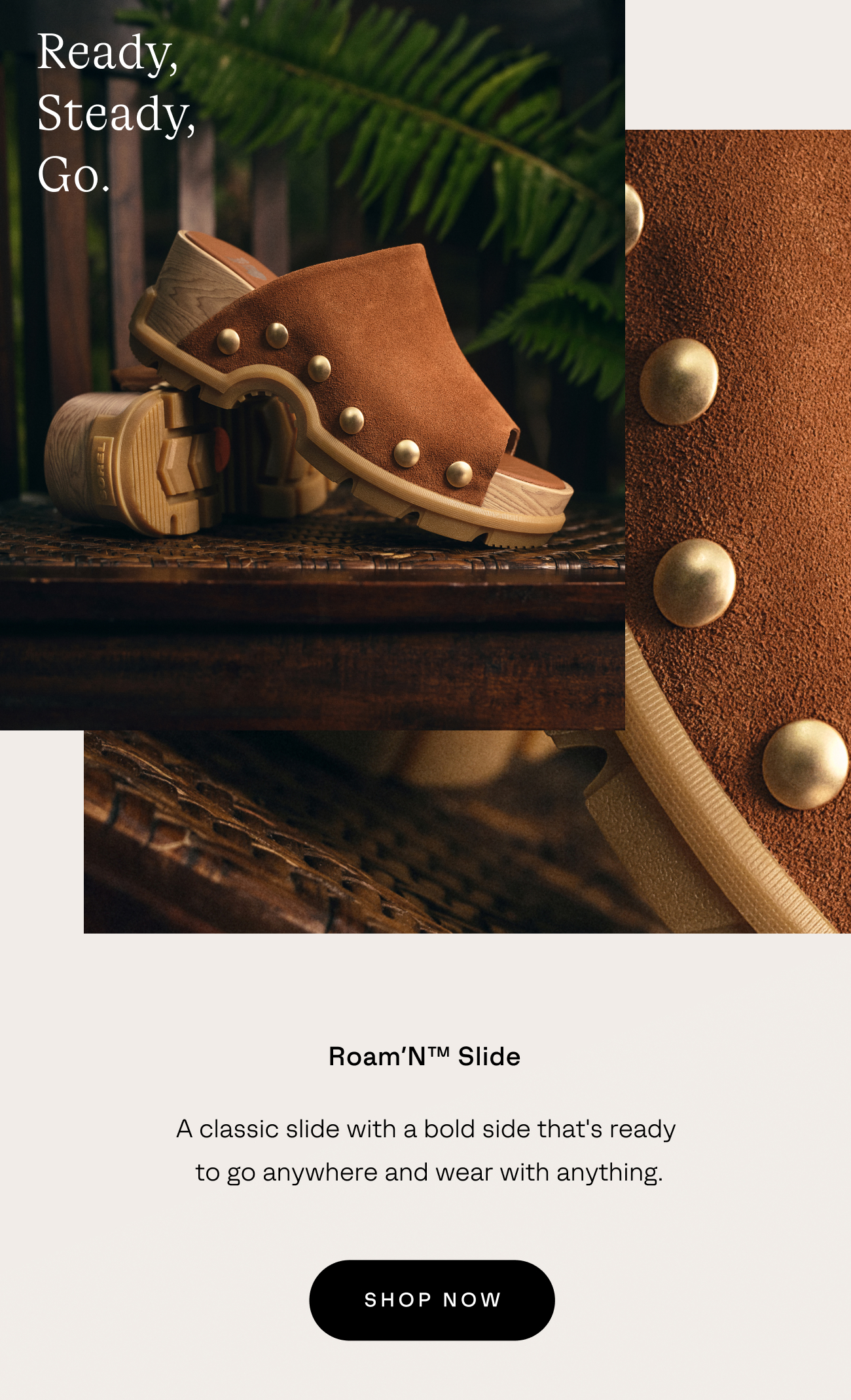 Roamn Slide Sandal on a textured chair with deep green foliage in the background